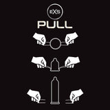 Инфографика на EXS с надпис PULL: три стъпки как две ръце разтягат безлатексов презерватив върху черен фон