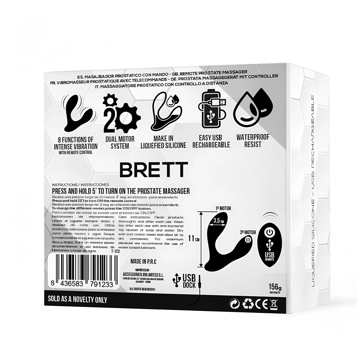 Задна страна на кутията на Brett: 8 функции на вибрация, двоен мотор, течен силикон, USB зареждане, водоустойчивост, размери 11 см и тегло 156 г