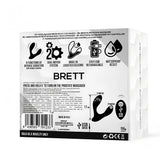 Задна страна на кутията на Brett: 8 функции на вибрация, двоен мотор, течен силикон, USB зареждане, водоустойчивост, размери 11 см и тегло 156 г