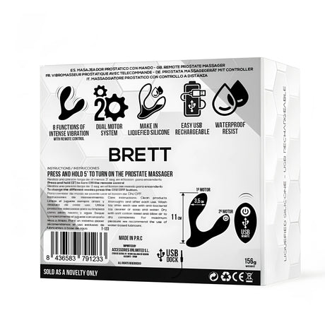 Задна страна на кутията на Brett: 8 функции на вибрация, двоен мотор, течен силикон, USB зареждане, водоустойчивост, размери 11 см и тегло 156 г