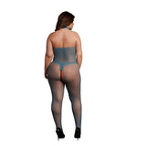 Le Désir синьо мрежесто боди, plus size, изглед отзад върху модел с халтер каишка и черни обувки на висок ток