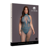 Кутия на синьо мрежесто боди Le Désir Plus Size с халтер яка и дантела, модел на лицевата страна, надпис „Designed for Desire“ и размери XL–4XL