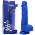 Реалистичен вибратор Sailor в синьо с вендуза, до синя кутия на CalExotics от серията Admiral с котва и надпис „Adventure Awaits“