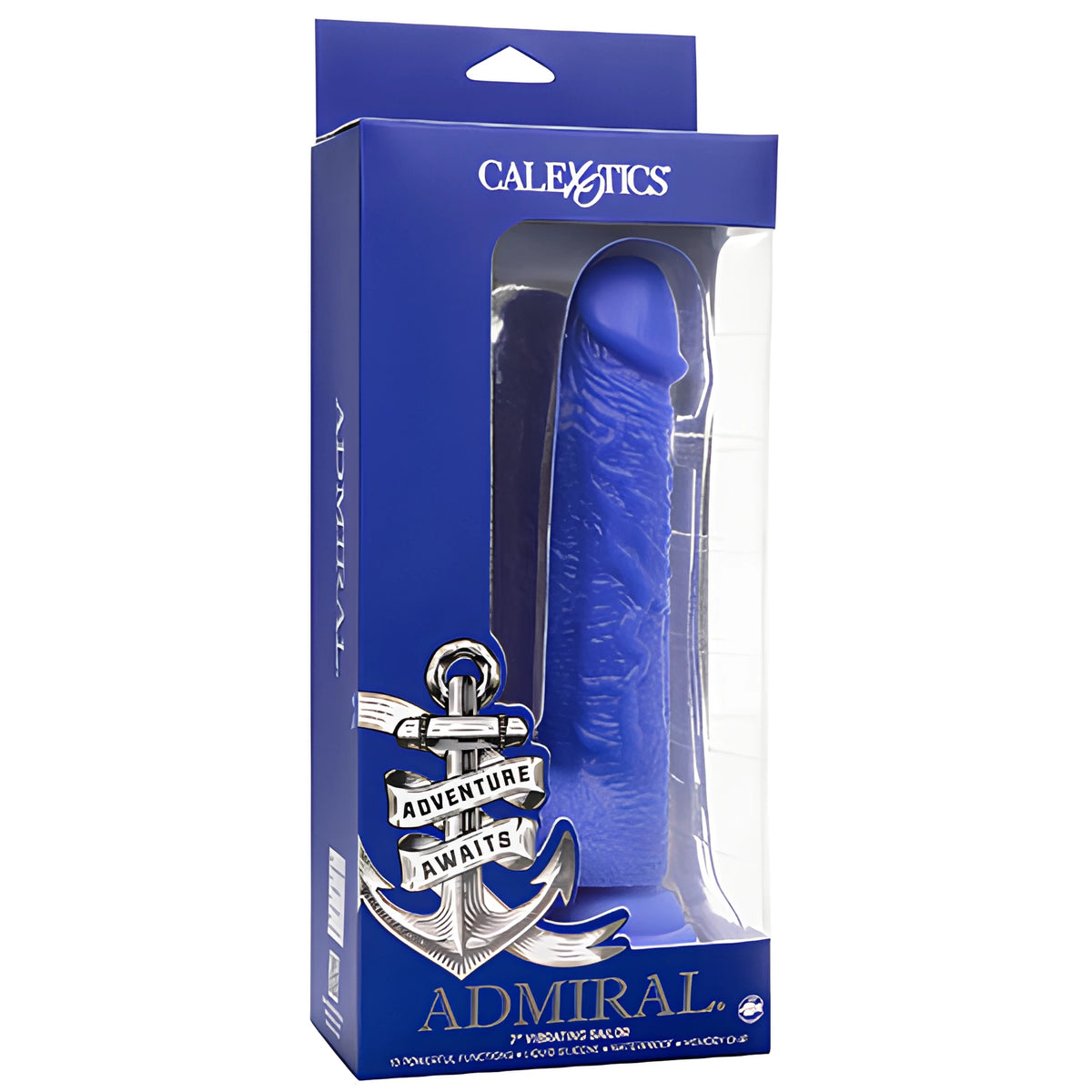 Синя кутия на вибратор Sailor от серията Admiral на CalExotics с прозорче, котва и надпис „Adventure Awaits“
