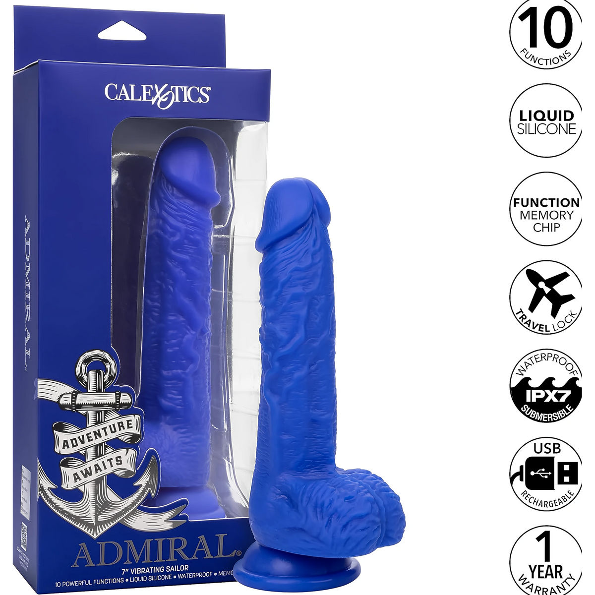 Синият вибратор Sailor извън синята кутия Admiral на CalExotics, с иконки: 10 функции, течен силикон, IPX7, USB зареждане, 1 г. гаранция
