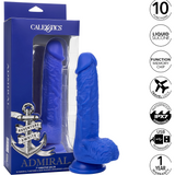Синият вибратор Sailor извън синята кутия Admiral на CalExotics, с иконки: 10 функции, течен силикон, IPX7, USB зареждане, 1 г. гаранция