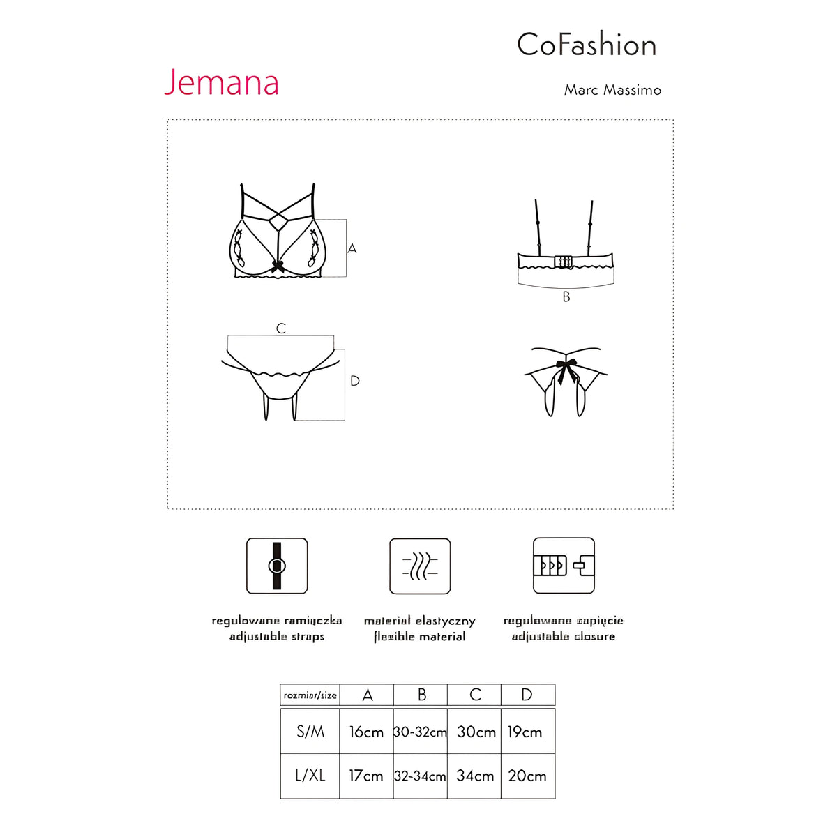 Таблица с размери на комплект Jemana на CoFashion: схеми на сутиена и бикините, S/M 16, 30–32, 30 и 19 см, L/XL 17, 32–34, 34 и 20 см