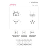 Таблица с размери на комплект Jemana на CoFashion: схеми на сутиена и бикините, S/M 16, 30–32, 30 и 19 см, L/XL 17, 32–34, 34 и 20 см