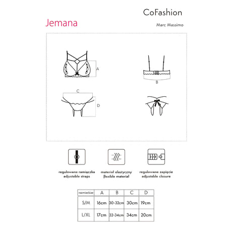 Таблица с размери на комплект Jemana на CoFashion: схеми на сутиена и бикините, S/M 16, 30–32, 30 и 19 см, L/XL 17, 32–34, 34 и 20 см