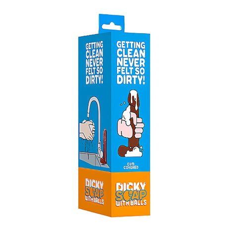 Кутия на новелти сапун Dicky Soap with Balls на Shots в синьо и оранжево, с надпис „Getting clean never felt so dirty!“ и илюстрация на миене на ръце