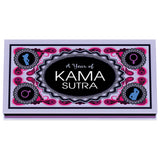 Предна страна на кутията на играта A Year of Kama Sutra с розово-лилав шарен орнамент и символи за мъж и жена