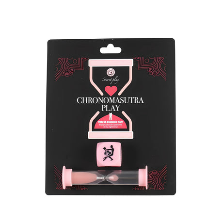 Опаковка на играта Chronomasutra Play на Secret Play – черна карта с розов зар и розов пясъчен часовник, надпис „Time is running out!“