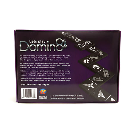 Задна страна на лилавата кутия на Domin8: надпис „Lets play Domin8“, описание на играта, баркод и домино плочки с черно-бели символи