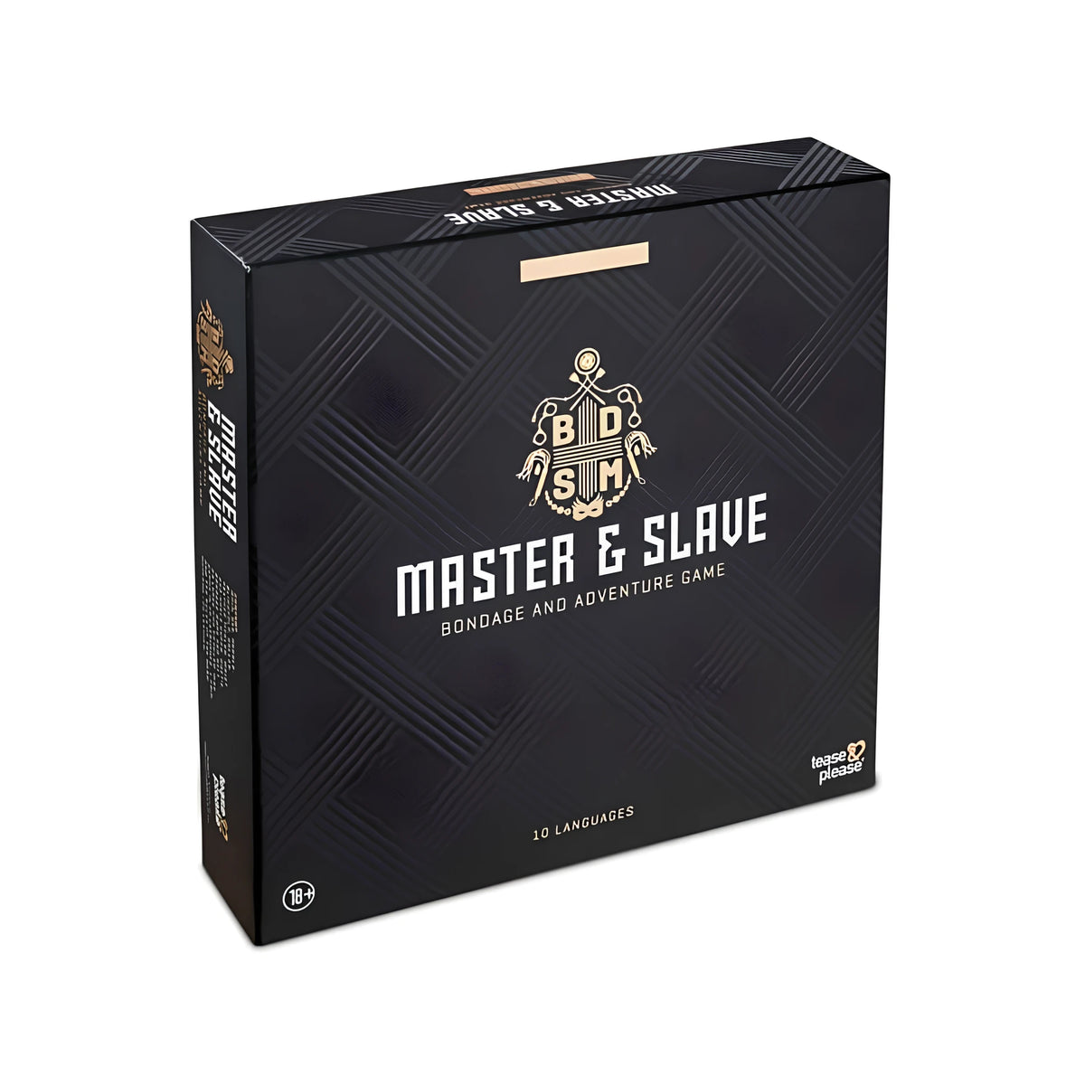 Черна кутия на играта Master & Slave на Tease & Please, с цветен знак BDSM, надпис Bondage and Adventure Game и 10 езика, от страничен ъгъл