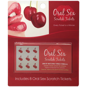 Червена опаковка на играта Oral Sex Scratch Tickets с череши, устни и билетче с девет символа; надпис: включва 8 билета