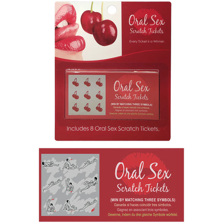 Опаковка и билетче от играта Oral Sex Scratch Tickets: червена картичка с череши, надпис „Includes 8 Oral Sex Scratch Tickets“ и близък план на билетче