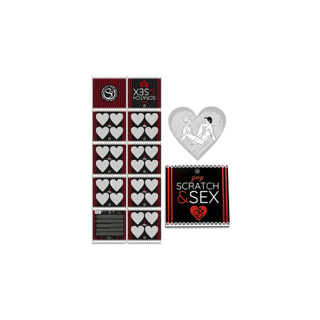 Секс игра Scratch and Sex Gay на Secret Play: кутия в черно и червено, разгънати карти със скреч сърца и пример за открито сърце с рисунка
