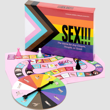 Настолната игра Sex!!! на Kheper Games: цветна кутия с дъга, игрално поле с пешки и въртящо се колело със стрелка