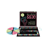 Кутия на играта Glow in the Dark Sex! на Kheper Games с въртележка в цветни сегменти, черно игрално поле и две фигурки