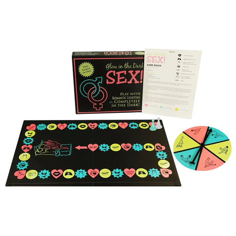 Игра Glow in the Dark Sex на Kheper Games: черна кутия, лист с правила, игрова дъска с цветни полета, фигурки и въртяща се стрелка