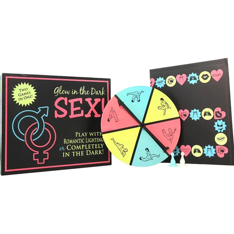 Кутия на играта Glow in the Dark Sex на Kheper Games, цветно колело с фигурки и черно игрално табло с път от символи и надпис START
