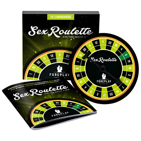 Секс рулетка Foreplay: черна и зелена кутия с надпис Sex Roulette, въртящо се колело със стрелка и брошура с правила
