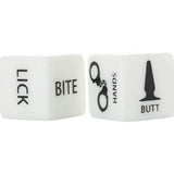 Две бели зарове Ouch! BDSM с черни надписи LICK, BITE, HANDS, BUTT и символи на white белезници и анален щепсел