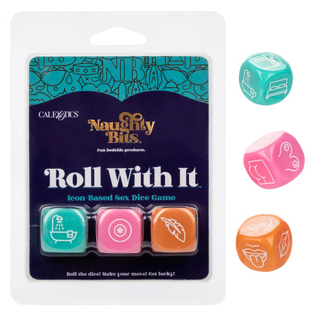 Опаковка на секс зарове Roll With It на Naughty Bits с три зарова – зелен, розов и оранжев – и отделни зарове с икони отдясно
