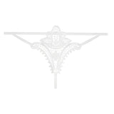 Бели прашки Obsessive Luiza с тънки презрамки и ажурна дантелена предна част с флорален мотив, изложени отпред на бял фон