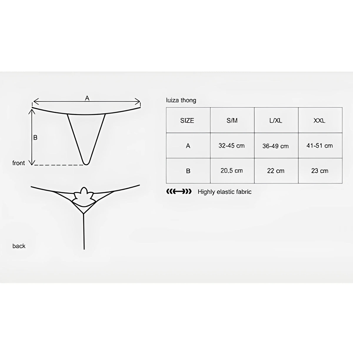 Таблица с размери на прашки Obsessive Luiza: S/M – обиколка 32–45 см, L/XL – 36–49 см, XXL – 41–51 см, дължина 20,5–23 см, еластична материя