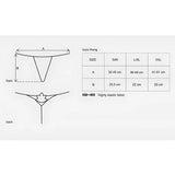 Таблица с размери на прашки Obsessive Luiza: S/M – обиколка 32–45 см, L/XL – 36–49 см, XXL – 41–51 см, дължина 20,5–23 см, еластична материя