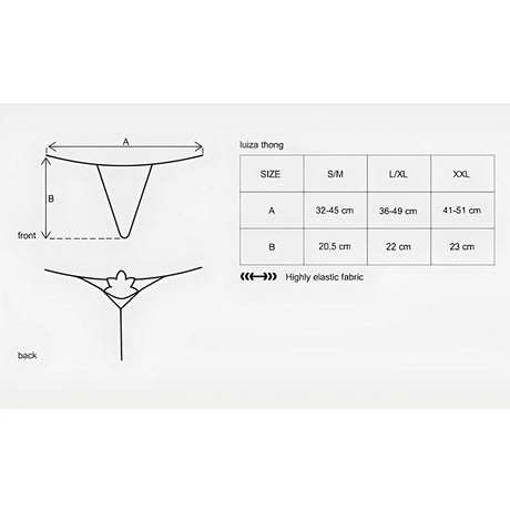 Таблица с размери на прашки Obsessive Luiza: S/M – обиколка 32–45 см, L/XL – 36–49 см, XXL – 41–51 см, дължина 20,5–23 см, еластична материя