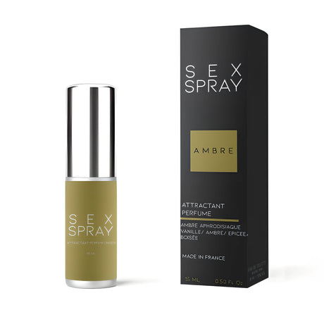 Sex Spray Ambre – флакон с маслинезлатист корпус и сребрист капак до черната кутия с надпис Attractant Perfume, 15 мл