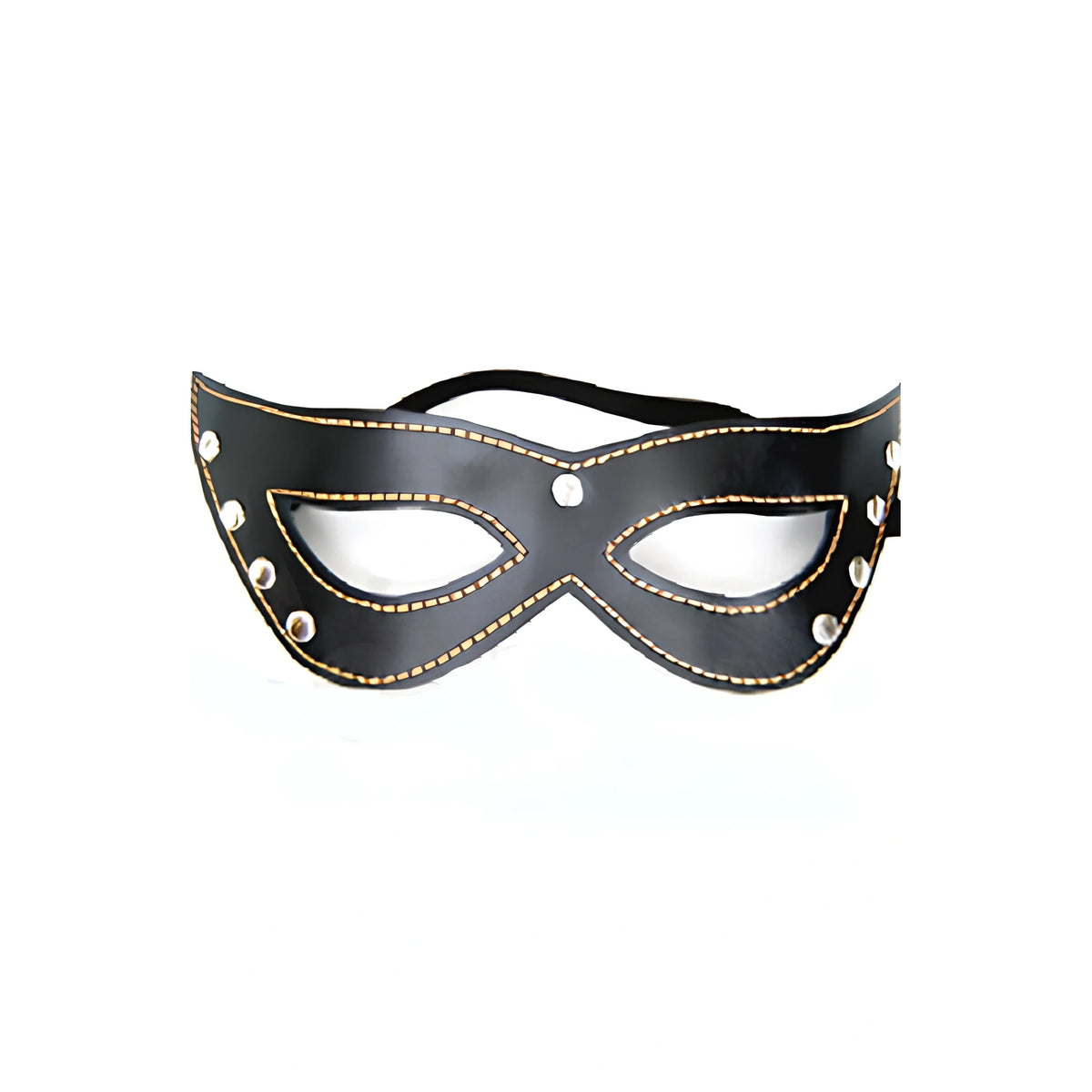 Черна маска за очи Sexy Black Mask на STD със златист контурен шев, метални капси встрани и черен ластик, изглед отпред