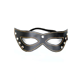 Черна маска за очи Sexy Black Mask на STD със златист контурен шев, метални капси встрани и черен ластик, изглед отпред