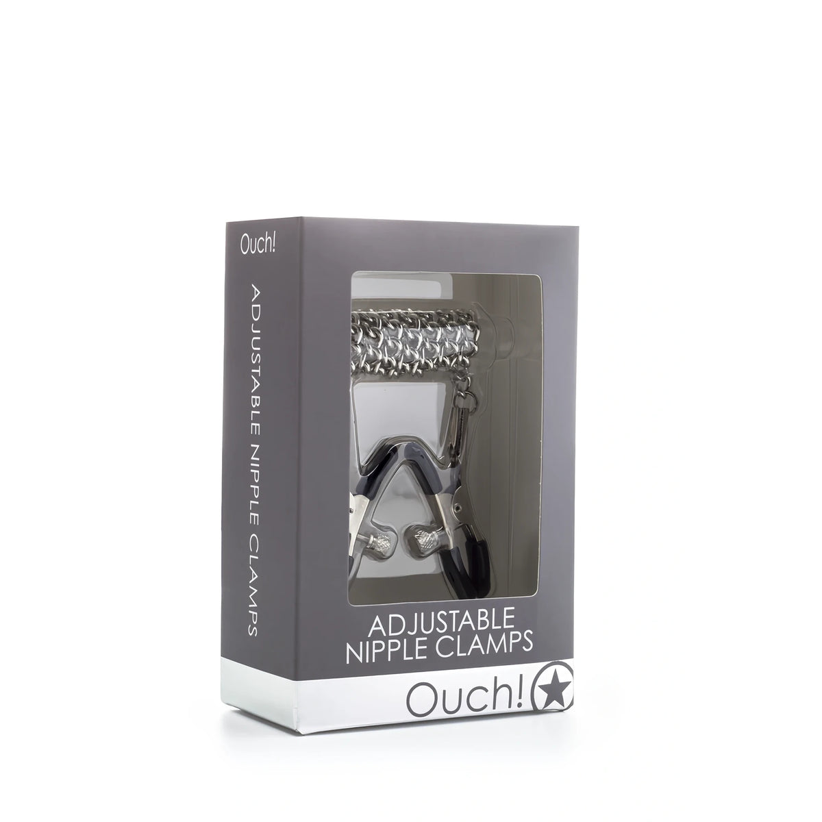 Сива кутия на Ouch! Adjustable Nipple Clamps с прозорец, през който се виждат метална верига и регулируеми щипки