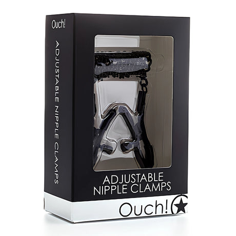 Черна кутия на Ouch! Adjustable Nipple Clamps с прозорец, през който се виждат черните регулируеми щипки с верижка