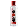 Прозрачна бутилка Eros Silk с червена капачка и надпис „Silicone based lubricant“ – силиконов лубрикант, вариант 50 ml