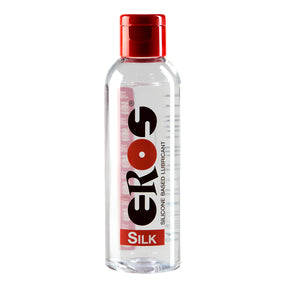 Прозрачна бутилка Eros Silk с червена капачка и надпис „Silicone based lubricant“ – силиконов лубрикант, вариант 50 ml