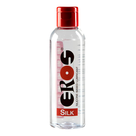 Прозрачна бутилка Eros Silk с червена капачка и надпис „Silicone based lubricant“ – силиконов лубрикант, вариант 50 ml