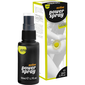 Черна бутилка с пулверизатор Active Power Spray men на Ero, 50 мл, до черно-жълта опаковка с надпис Active Power Spray men