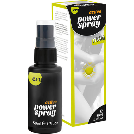 Черна бутилка с пулверизатор Active Power Spray men на Ero, 50 мл, до черно-жълта опаковка с надпис Active Power Spray men