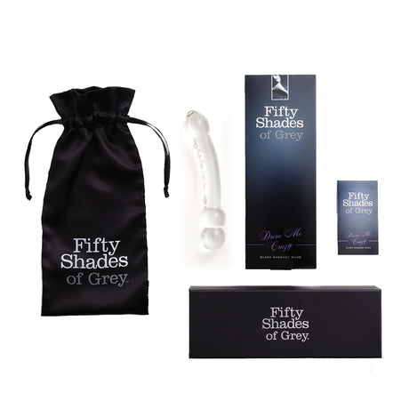Стъклено дилдо Fifty Shades of Grey Drive Me Crazy с черна сатенена торбичка, кутия, картонена опаковка и малка брошура