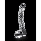 Стъклено дилдо Icicles No 61 на Pipedream, прозрачно, с релефна текстура по ствола и стабилна основа, на черен фон