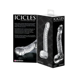 Черна кутия на Icicles No 61 с прозрачно стъкло отпред и гръб с описание на ръчно издухания стъклен масажор на Pipedream