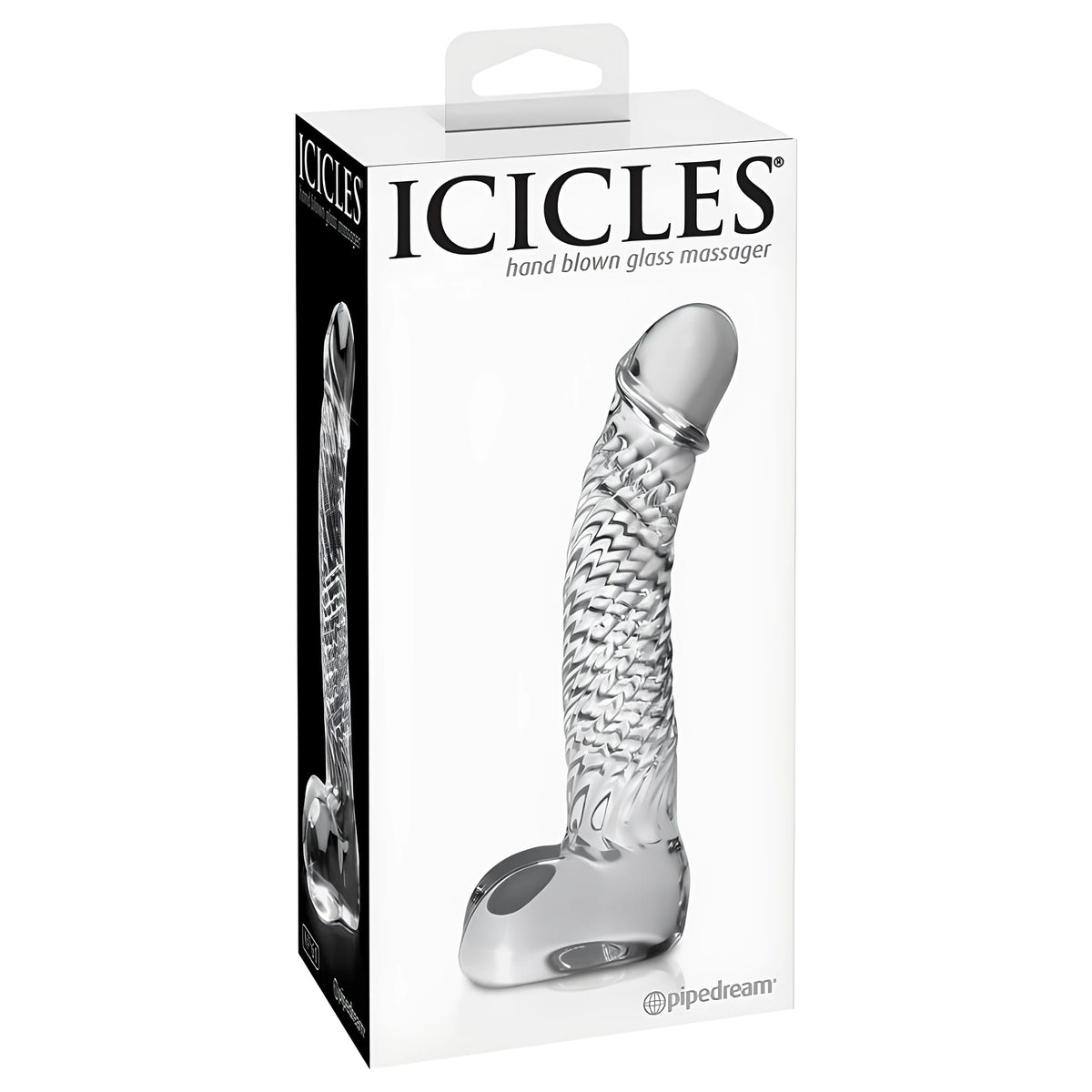 Опаковка на Icicles No 61 от Pipedream с надпис „hand blown glass massager“, през прозореца се вижда прозрачното стъклено дилдо