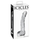 Опаковка на Icicles No 61 от Pipedream с надпис „hand blown glass massager“, през прозореца се вижда прозрачното стъклено дилдо
