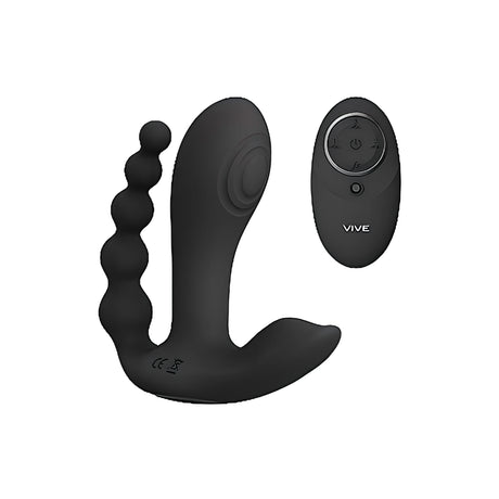 Черен силиконов стимулатор Kata на Vive с мъниста от едната страна и безжично дистанционно с надпис VIVE до него