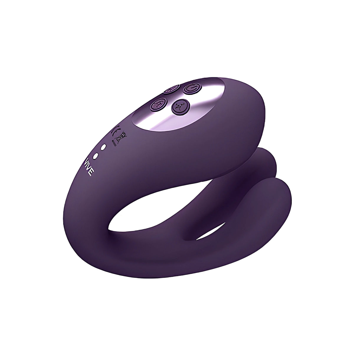 Стимулатор Yoko Purple в лилав цвят, поглед отгоре и отстрани с четири бутона за управление и надпис VIVE на корпуса