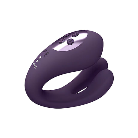Стимулатор Yoko Purple в лилав цвят, поглед отгоре и отстрани с четири бутона за управление и надпис VIVE на корпуса